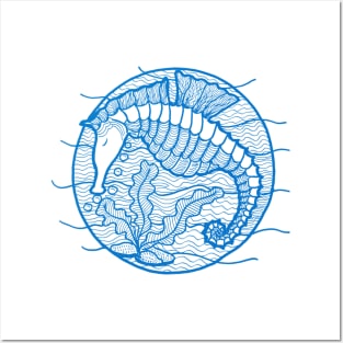 Seahorse graphic in blue ink Posters and Art